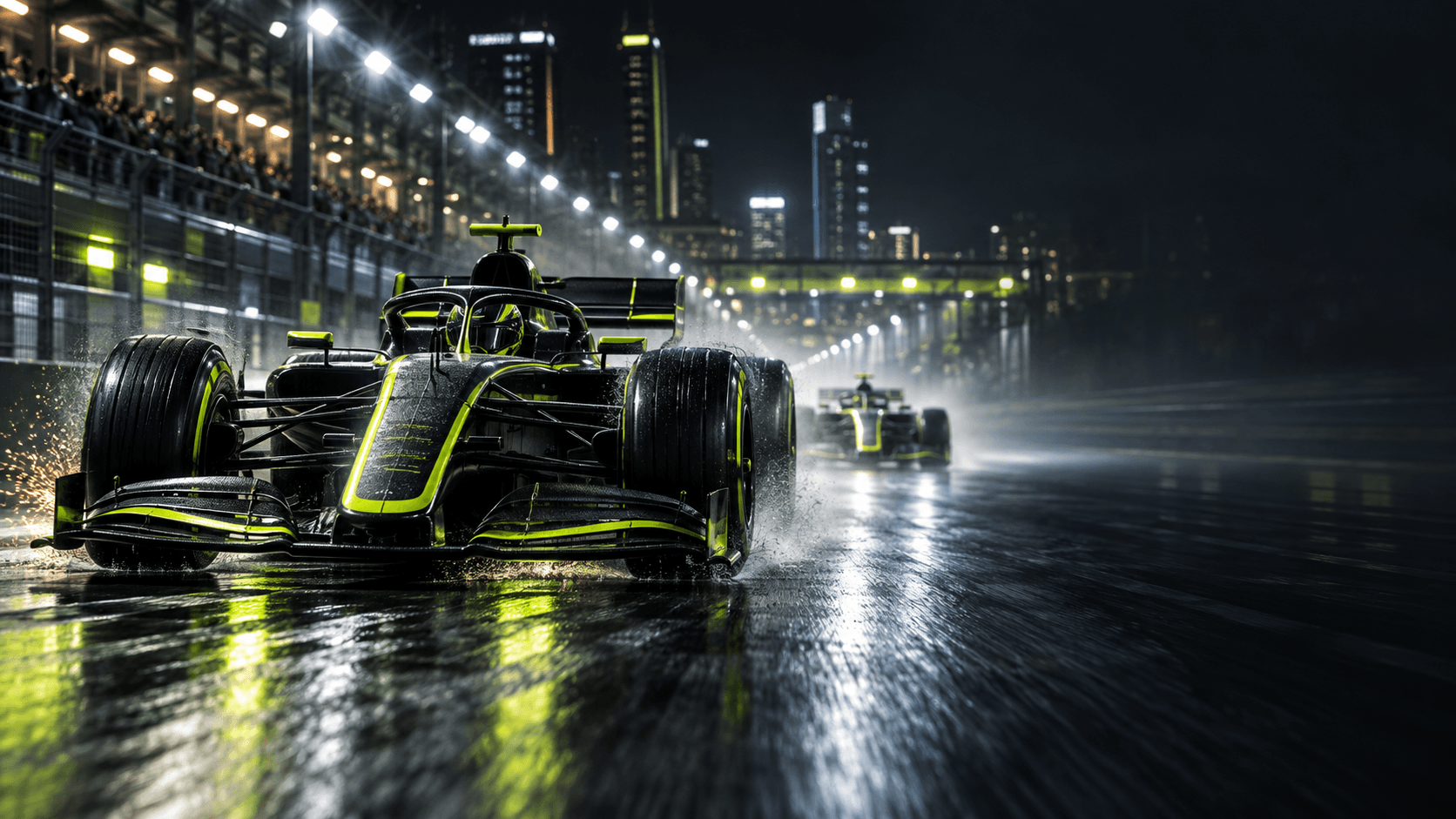 Open-wheel race cars competing on a wet night circuit under floodlights